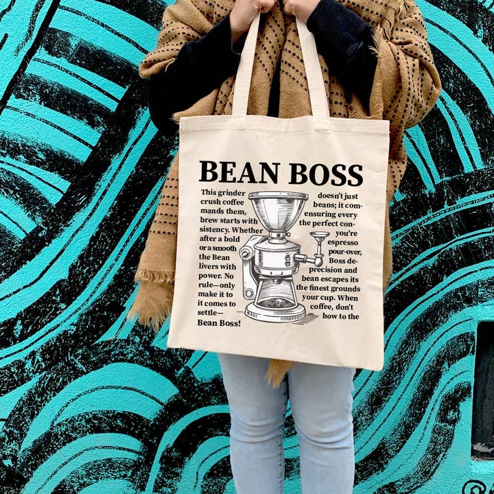 Bean Boss Coffee Grinder Tote Bag – Vintage Barista-Inspired for wholesale by GoboxPrintCo
