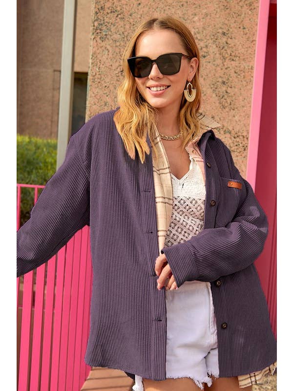 La Miel - Wholesale Shirt Jacket/Shacket - Women's - JKT1767-Loose Fit Button Down Corduroy Shacket with Pockets8