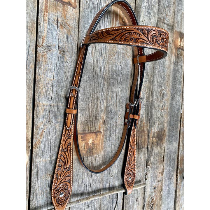 Rodeo Drive - Wholesale Horseback Riding Gear - Light Oil Floral Tooled Buckaroo Style Browband Headstall / Bridle