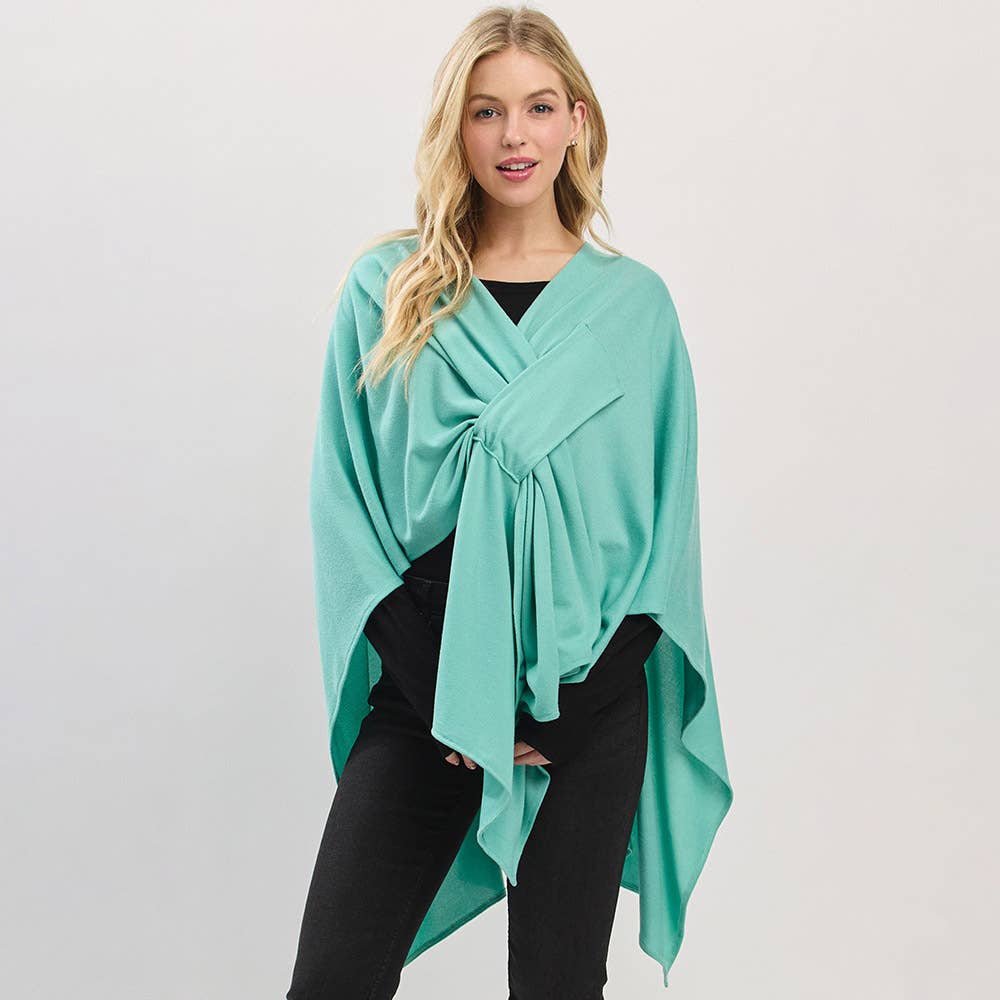 Sensibling Corp. - Wholesale Poncho - Dames - Asymmetrische Zoom Solide Doorknoop Gedrapeerde Strik-Voorkant Wikkelponcho0