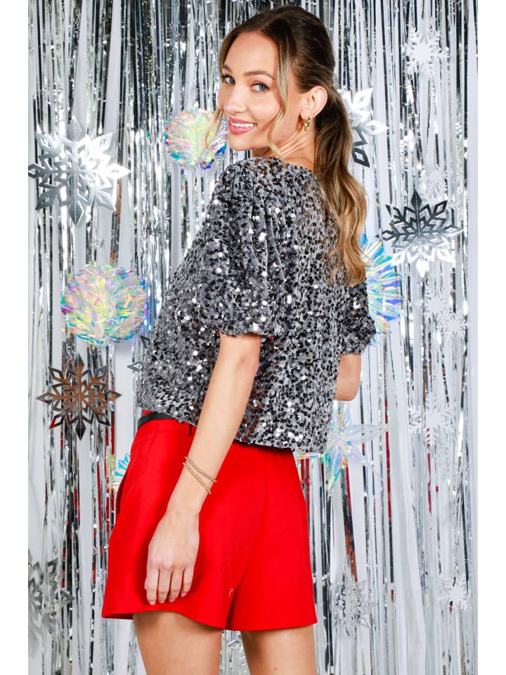 Vine & Love - Wholesale Blouse - Women's - Velvet Sequin Accent Round Neck Puff Sleeve Blouse VT8195516