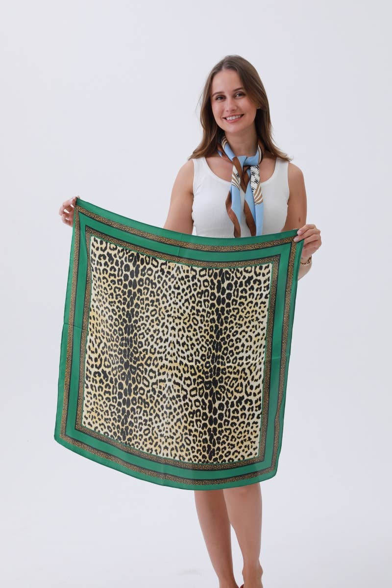 Leto Accessories - Wholesale Scarf - Women's - Green Border Leopard Luxe Silky Scarf	1