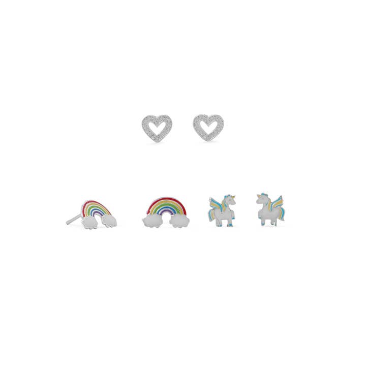 Rainbow, Heart and Unicorn Stud Earring Boxed Set for wholesale by Silver Stars Collection