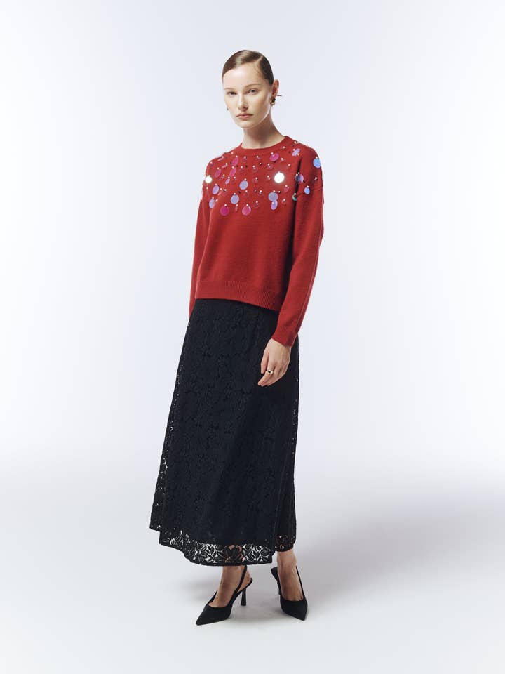 Iridescent Sequin-Embellished Jumper in Burgundy Red for wholesale by SOUR FIGS LONDON