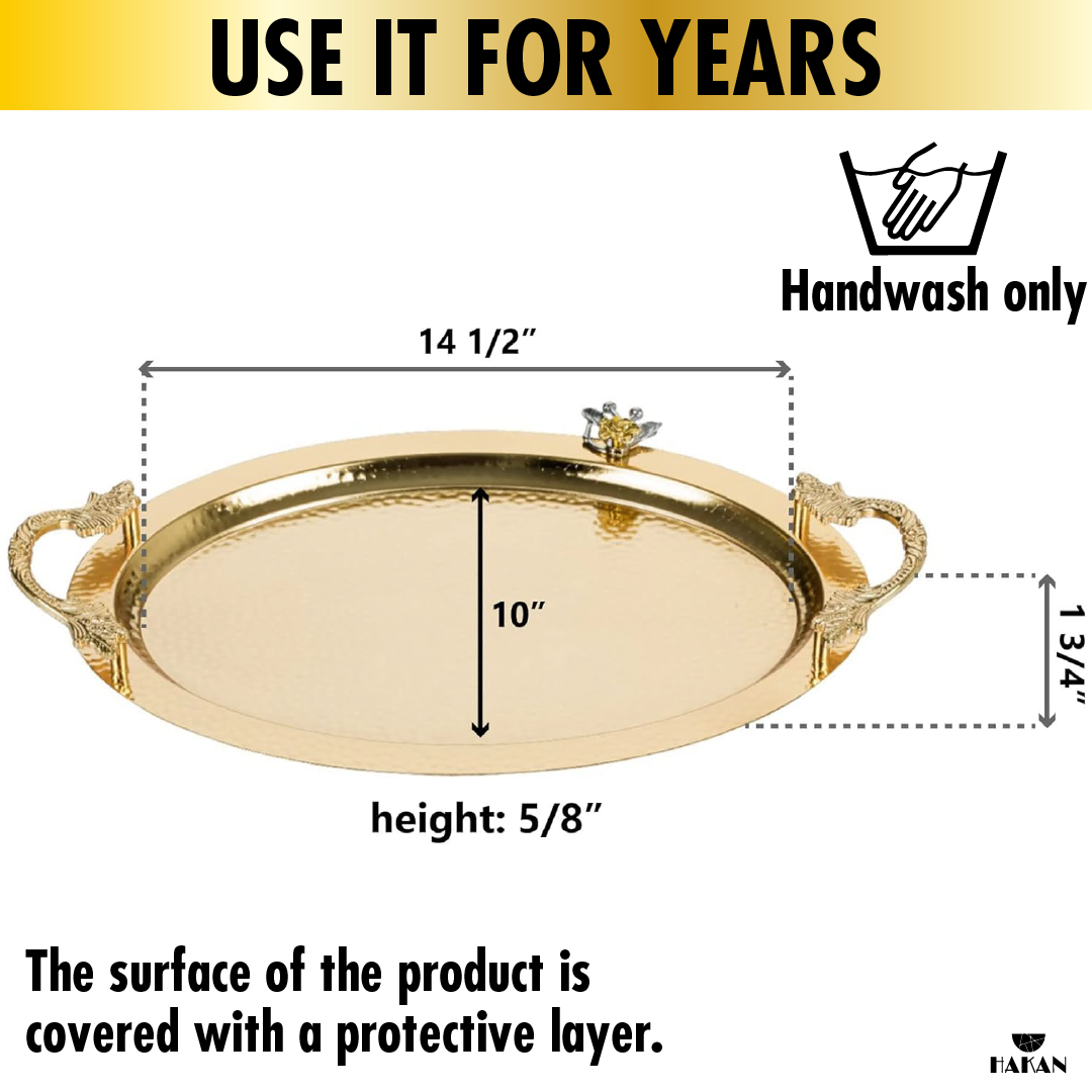 Hakan - Wholesale Serving Tray - Ornamental Anti Tarnish Big Oval Gold Serving Tray with Hand1