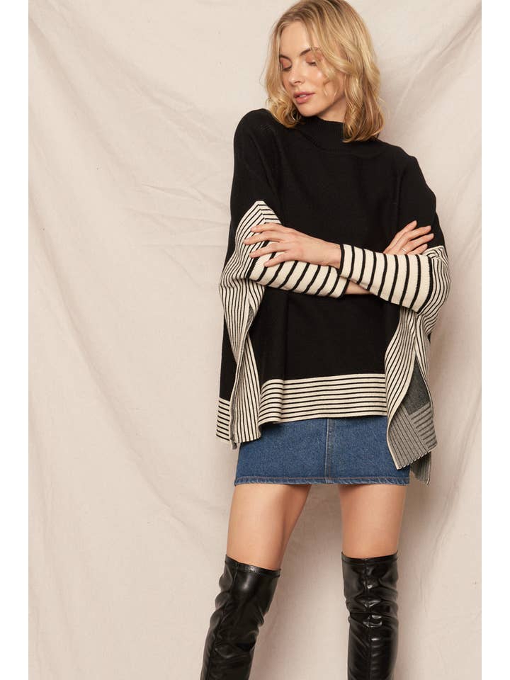 Black Oversized Striped Knit Cape Sweater for wholesale on Faire