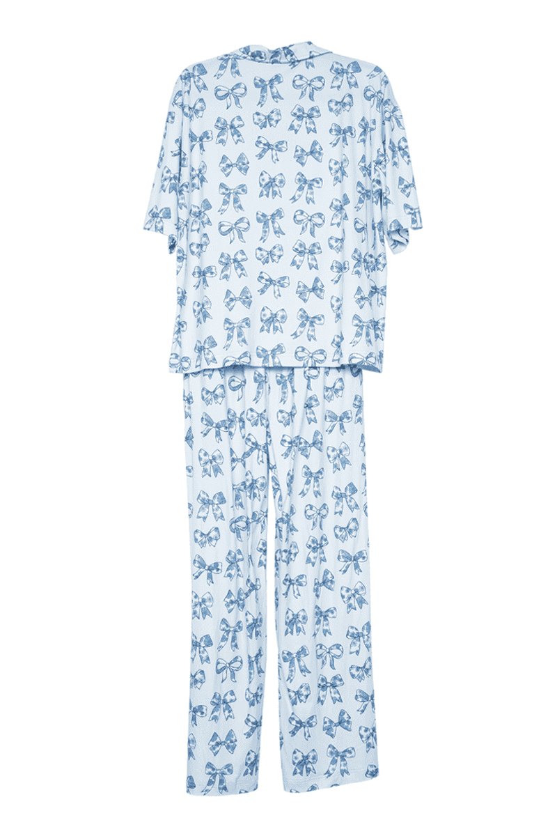 Light Blue Toile Coquette Bows Lounge Pants Set for wholesale on Faire1