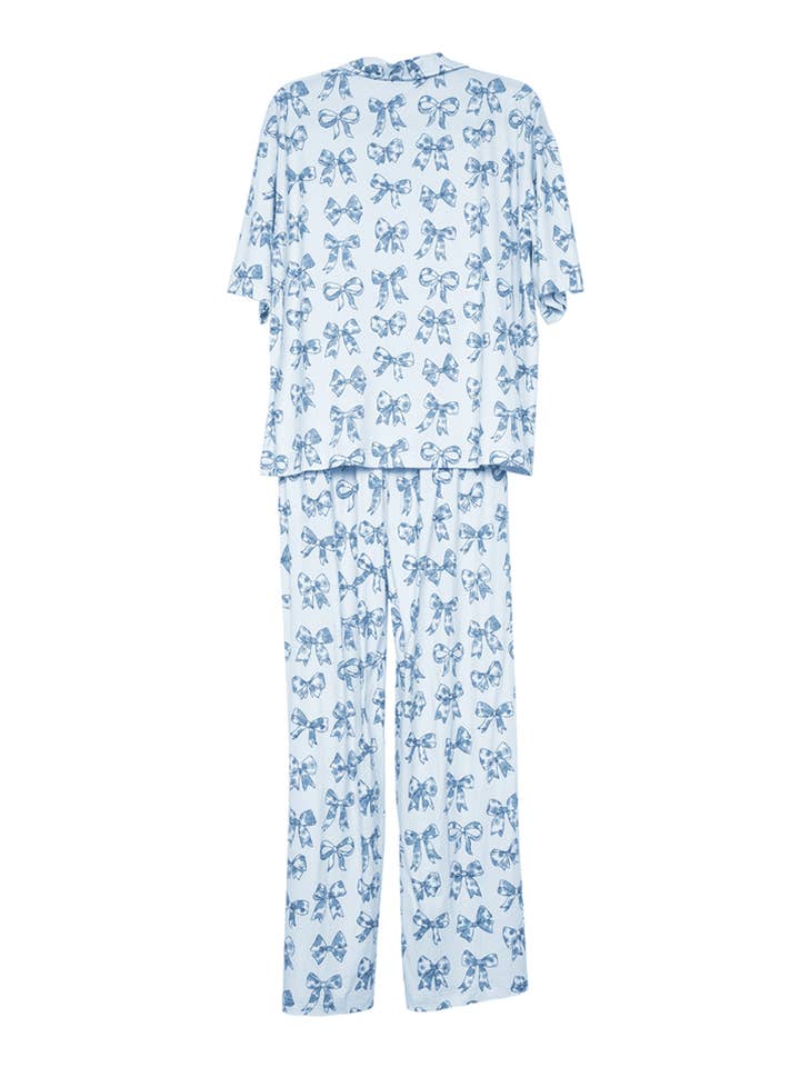 Light Blue Toile Coquette Bows Lounge Pants Set for wholesale on Faire1