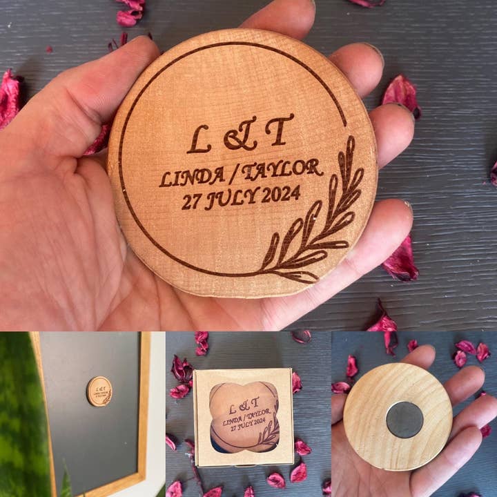 Custom Beech Wood Coasters & Magnets - Wedding Guest Favors. for wholesale by WoodCraftHaven