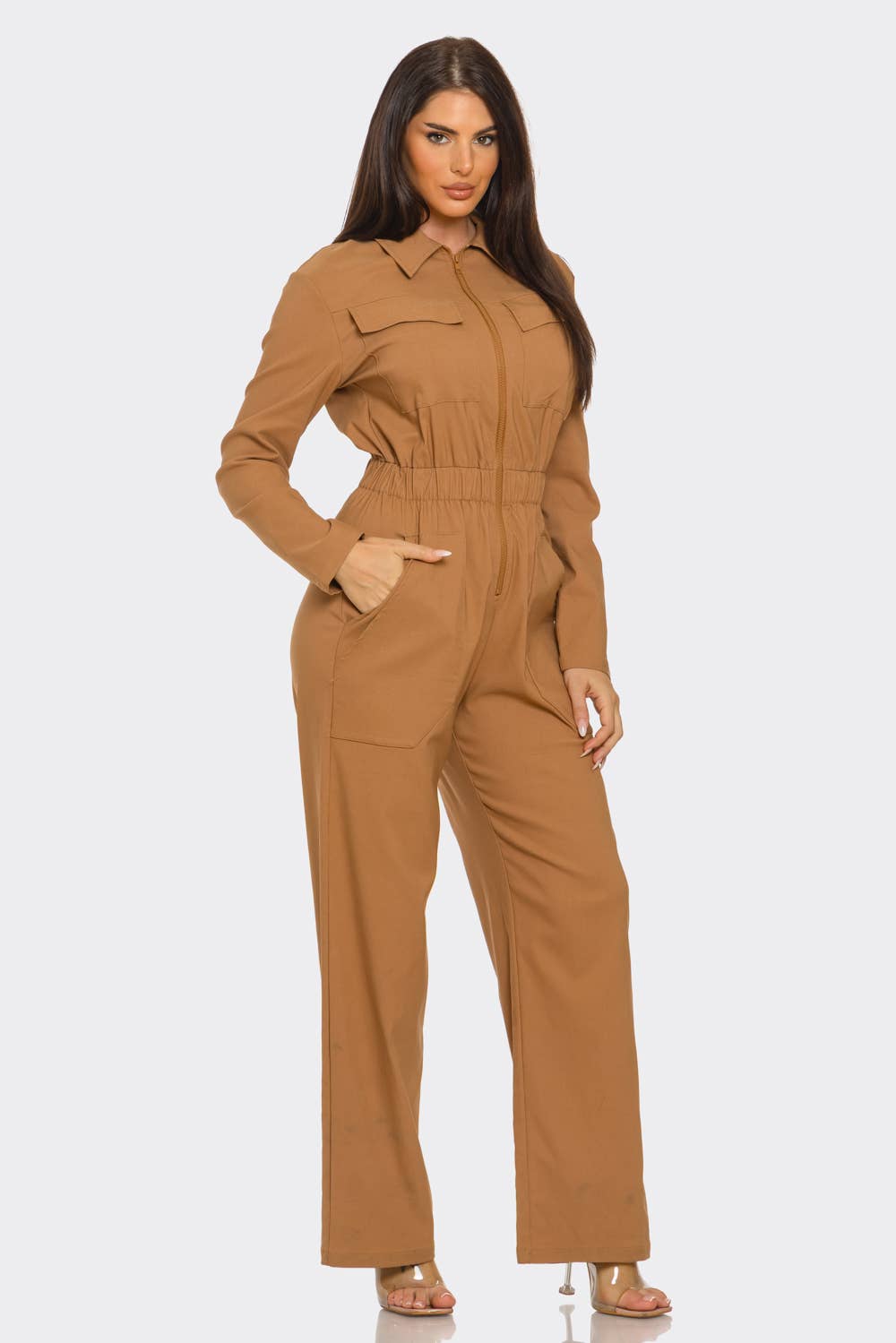 Camel Front Zipper Detail Elastic Waistband Jumpsuit for wholesale on Faire2