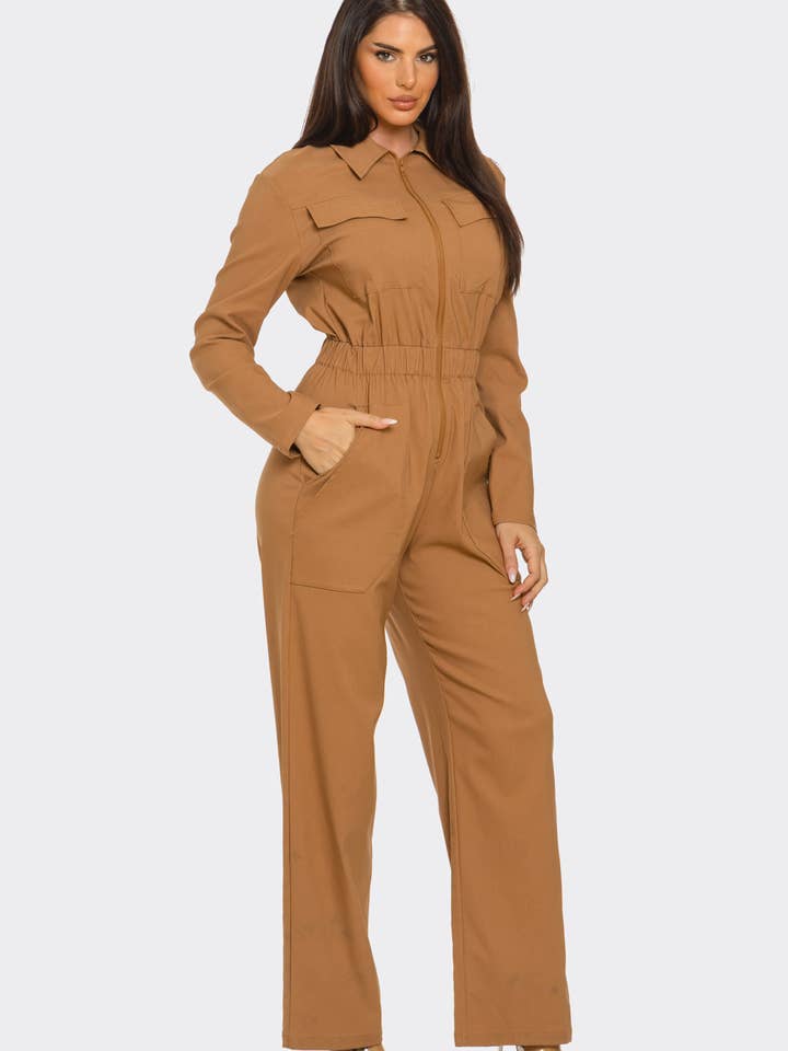 Camel Front Zipper Detail Elastic Waistband Jumpsuit for wholesale on Faire2