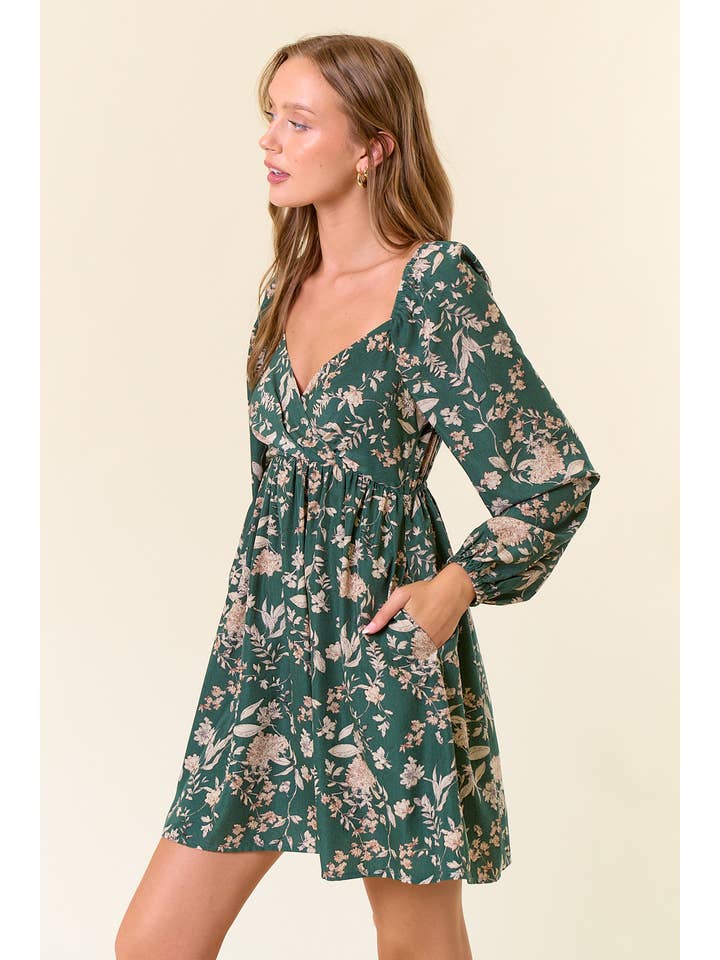 DK FOREST FLORAL PRINT LONG SLEEVE MINI DRESS - 27834D for wholesale on Faire