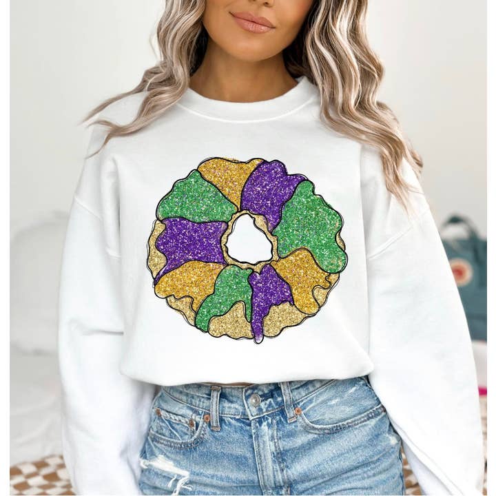 Felpa bianca DTF Faux Sparkle - Mardi Gras King Cake per la vendita all'ingrosso da parte di Cypress Slough Outfitters