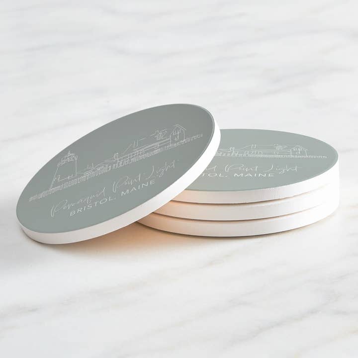 Love Local - Wholesale Coasters - Pemaquid Point Light Muted Coastal | Absorbent Coasters | Set of 4 | Min 22