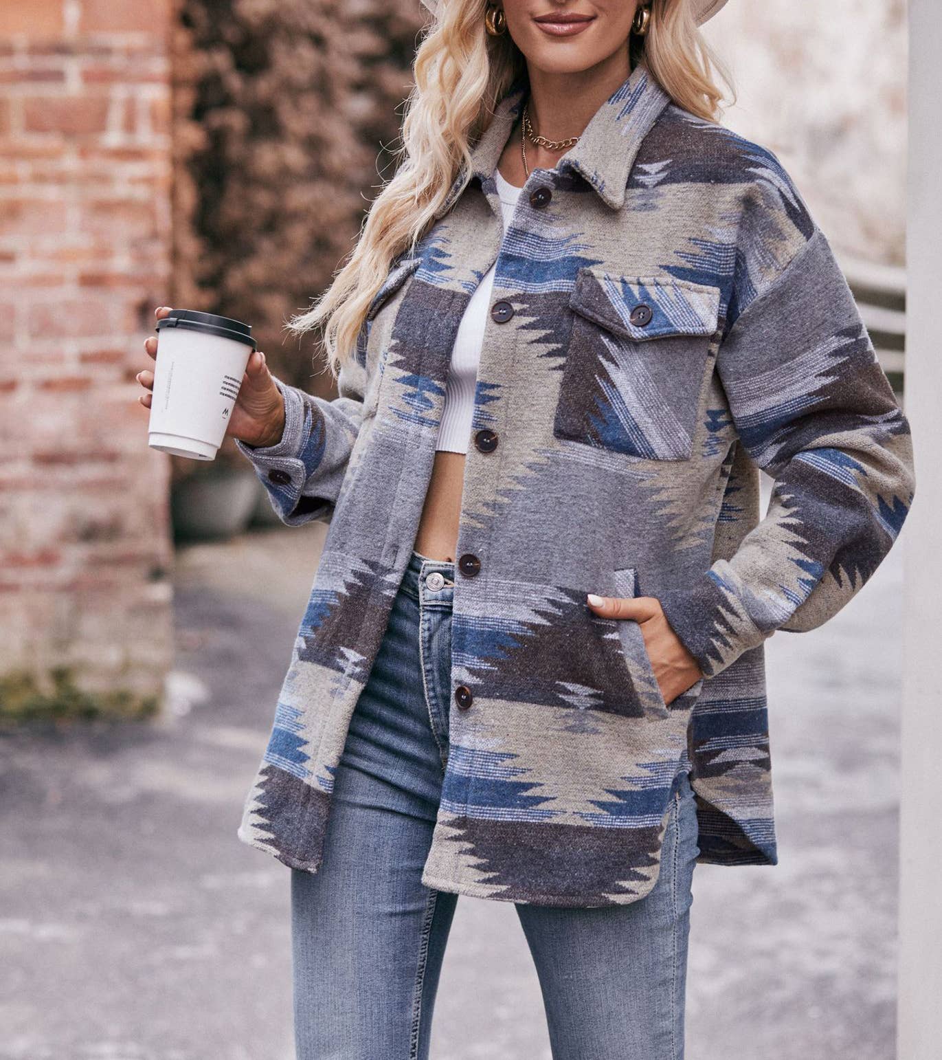 HIDDENBRAND - Wholesale Shirt Jacket/Shacket - Women's - Geometric Jacket Shirt Lapel Tweed Coat6