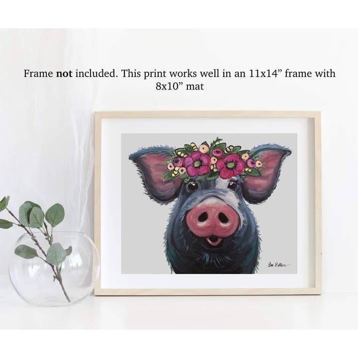 Pig Art Print, 'LuLu' Pig Flower Crown Art, Farm Animal Artl for wholesale by Hippie Hound Studios