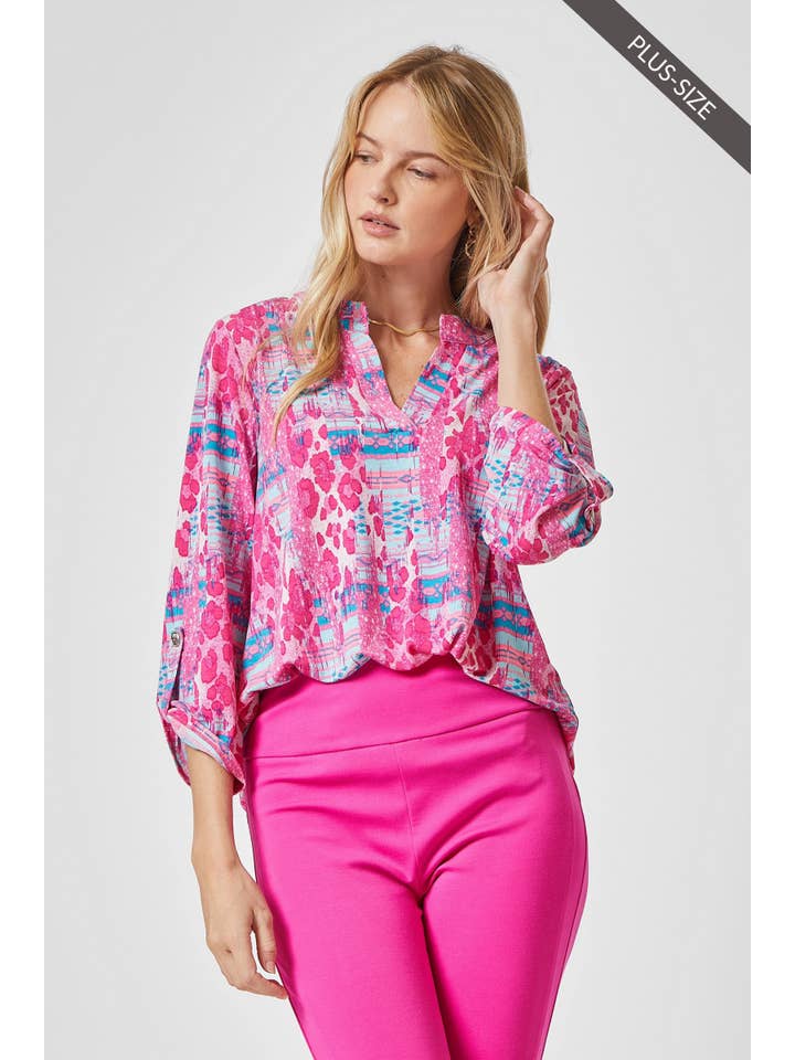 Teal Pink PLUS 3/4 Sleeve LIZZY MEDALLION Wrinkle Free Blouse for wholesale on Faire