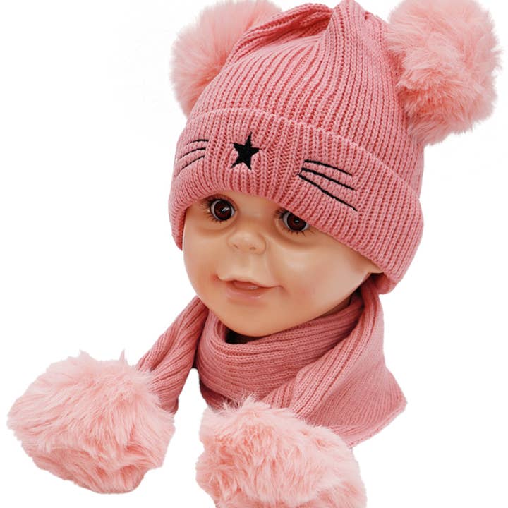 Cap Zone - Wholesale Beanie - Kids - Kids 2 Piece Kitty Cat Whiskers Pom Pom Beanie Scarf Set8