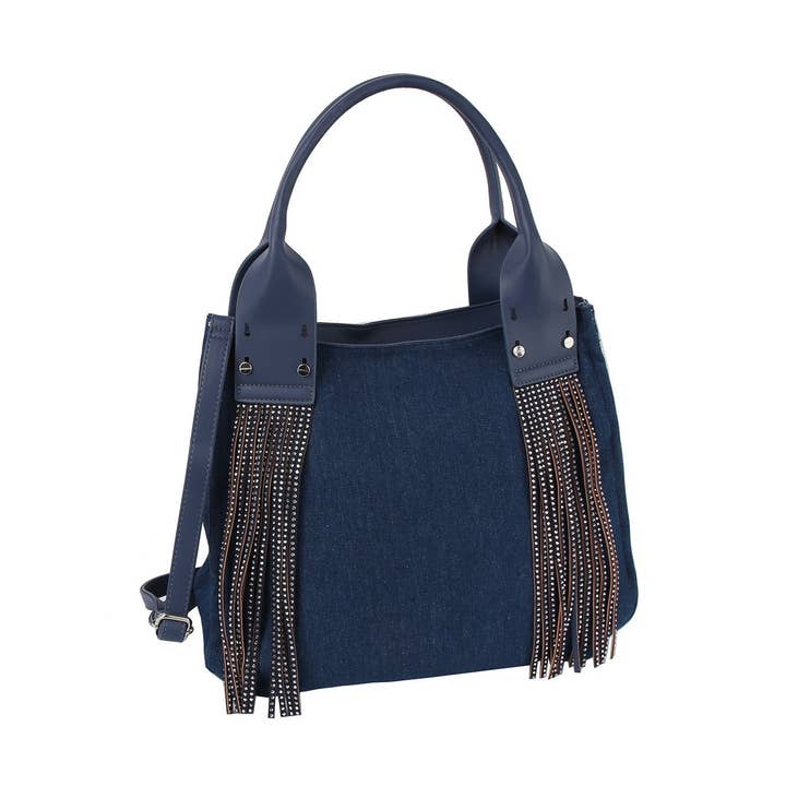 Tassel detail denim crossbody tote for wholesale by Handbag Factory Corp