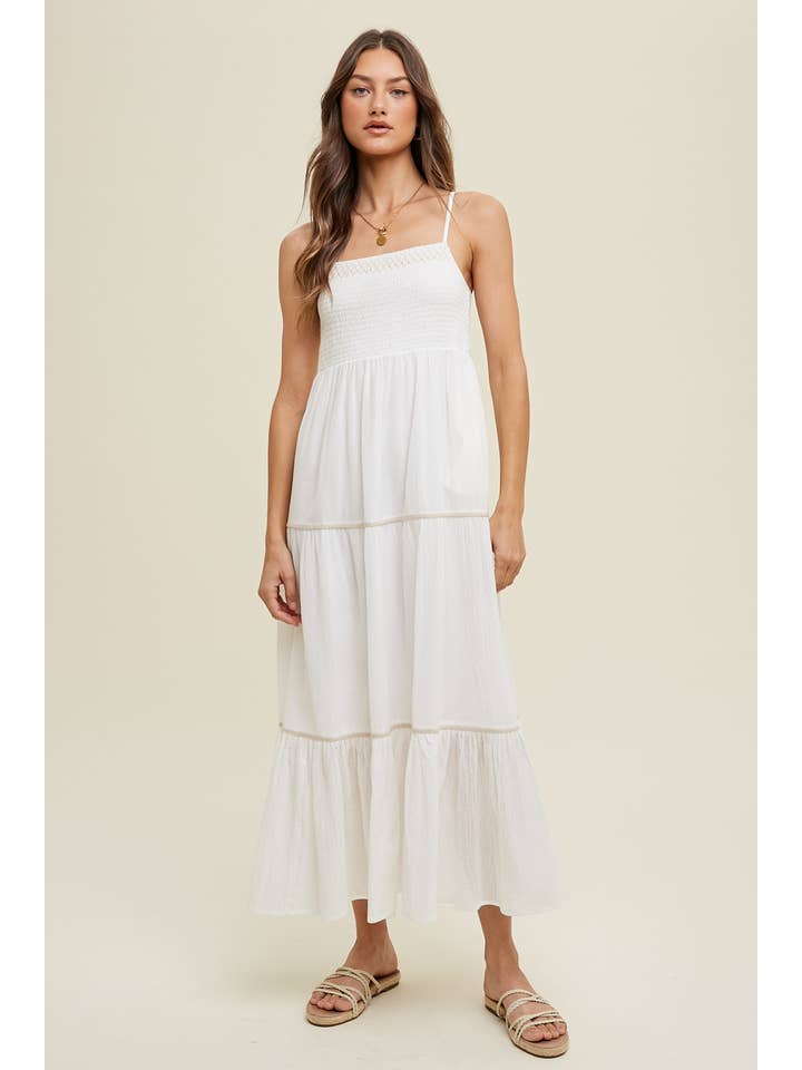 IVORY SMOCKED MAXI DRESS WITH TRIM DETAIL / WL23-8206 for wholesale on Faire