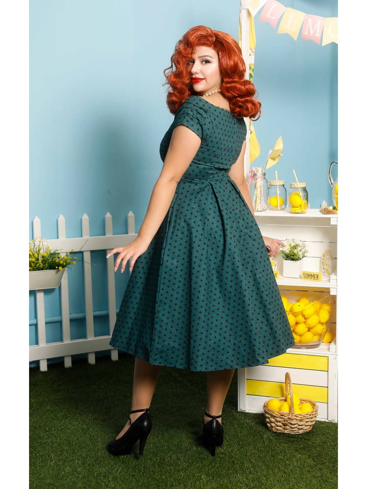 Dolly & Dotty - Wholesale Dress - Women's - 50s-Style Off Shoulder Polka Dot Swing Dress in Olive Green