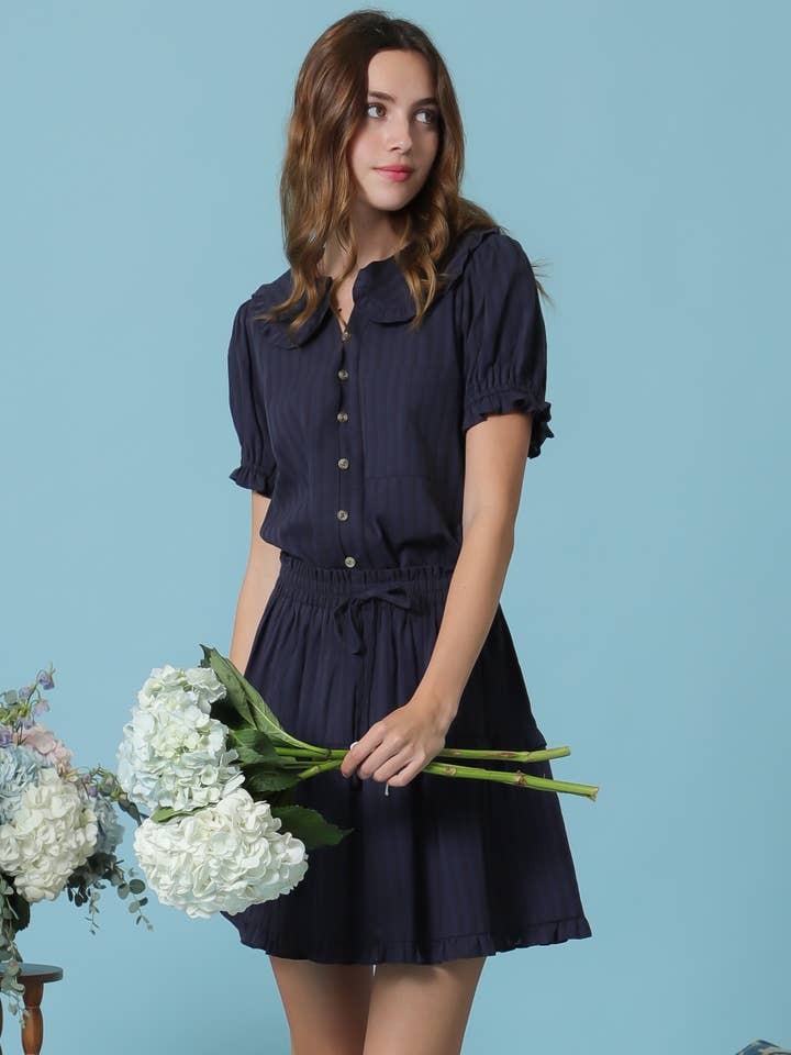 Ruffled collar detail button down blouse tiered mini set for wholesale by Fleur d'Or