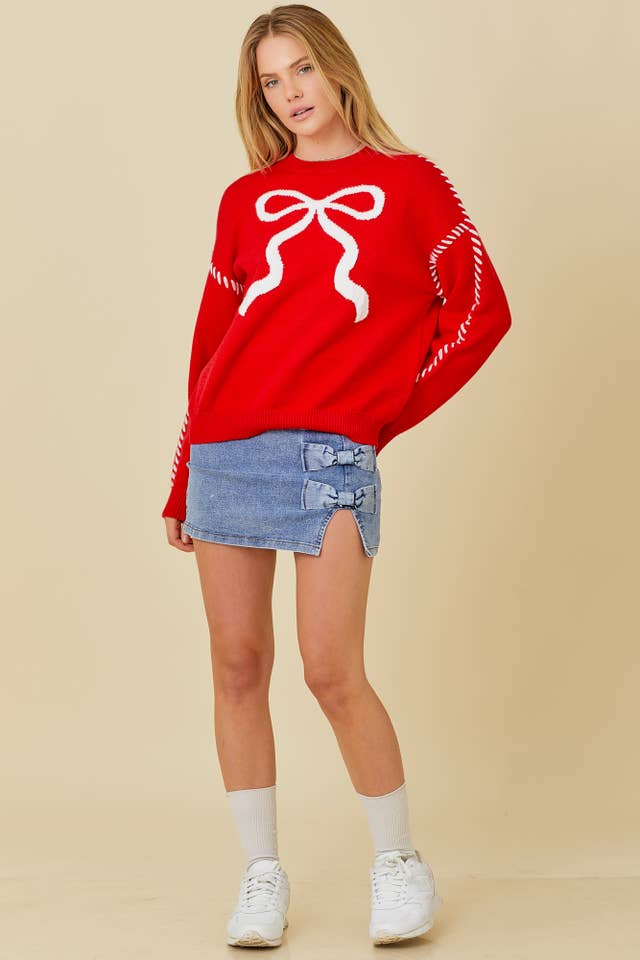 Main Strip - Wholesale Knit Sweater - Women's - Sweater Knit Top With Ribbon And Stitching Detail