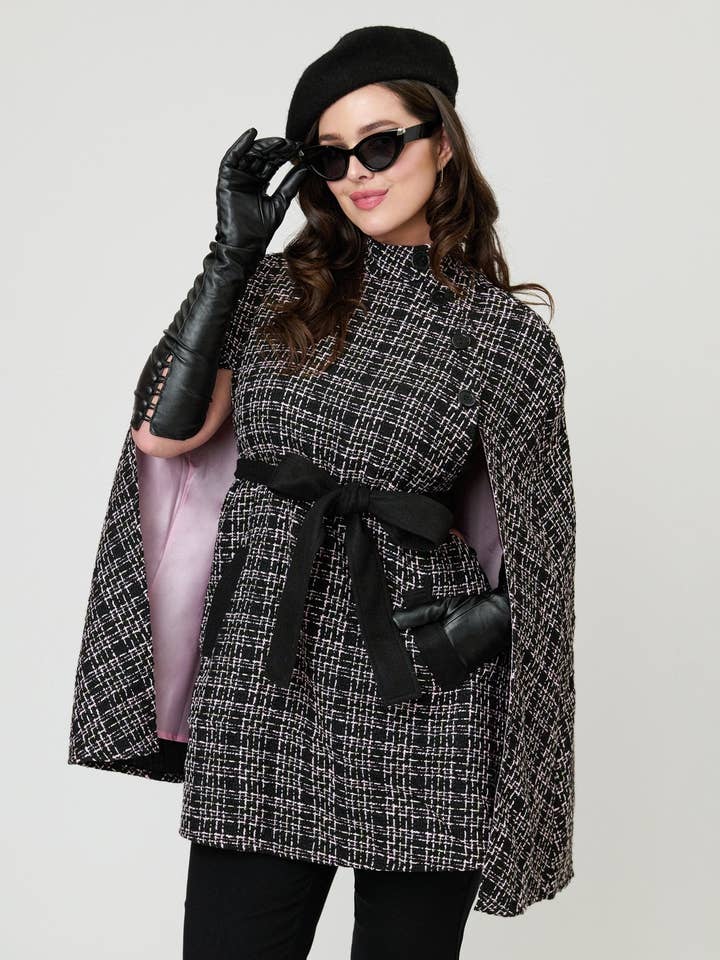 Abrigo Capa Savile Row de Tweed Negro a Cuadros de Smak Parlour para venta al por mayor de Unique Vintage