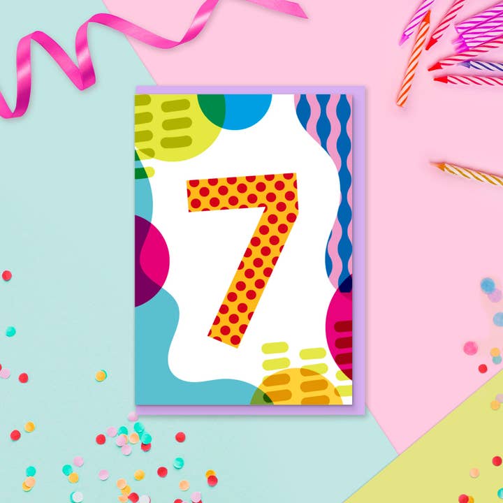 Alder 7 Farverigt geometrisk mønster Børns fødselsdagskort for engroshandel hos Jane Katherine Houghton Designs