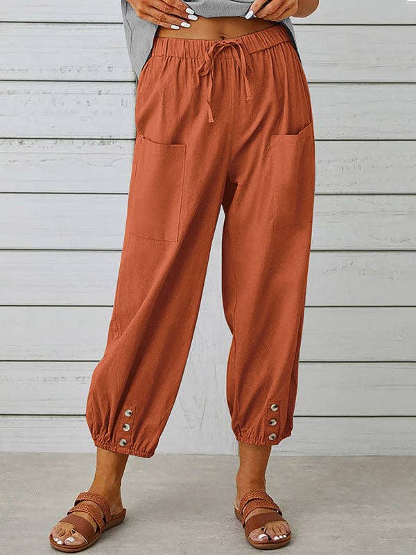 Plush Looks - Wholesale Pants - Women's - High Waisted Loose Buttoned Drawstring Elasticity Pockets Split-Joint Ninth Pants Trousers1