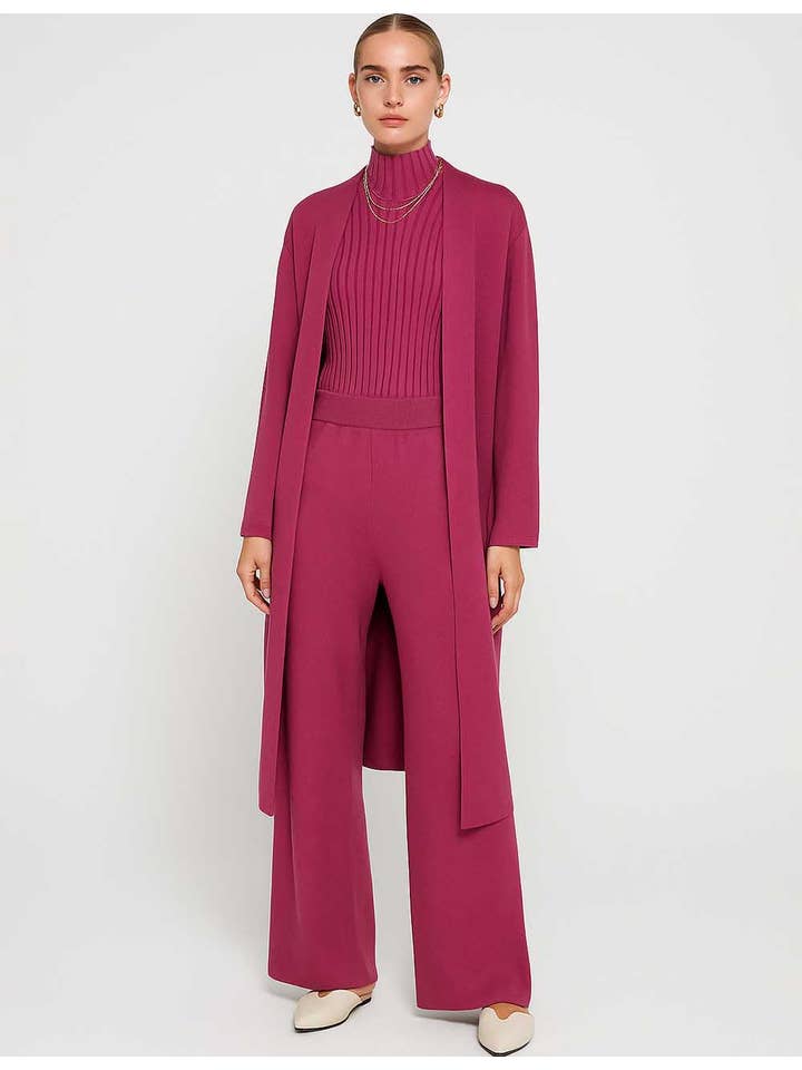 Sweetkama - Wholesale Top & Pant Set (NOT Loungewear) - Women's - Ladies Solid Color Open Knit Cardigan & Pants 3PCS Set15