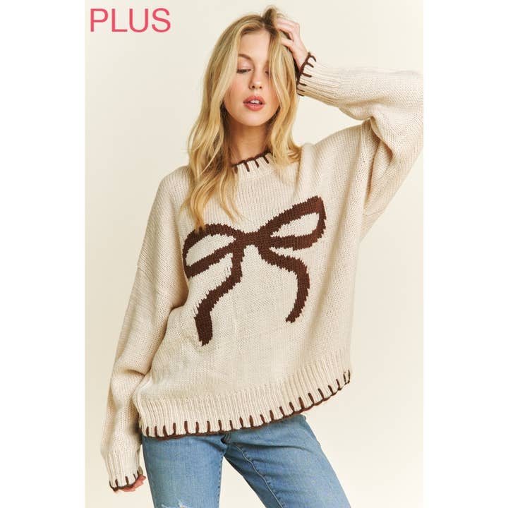 Sweet Generis - Wholesale Knit Sweater - Women's - PLUS HOLIDAY BIG BOW SWEATER PULLOVER WITH CONTRAST EDGE STI