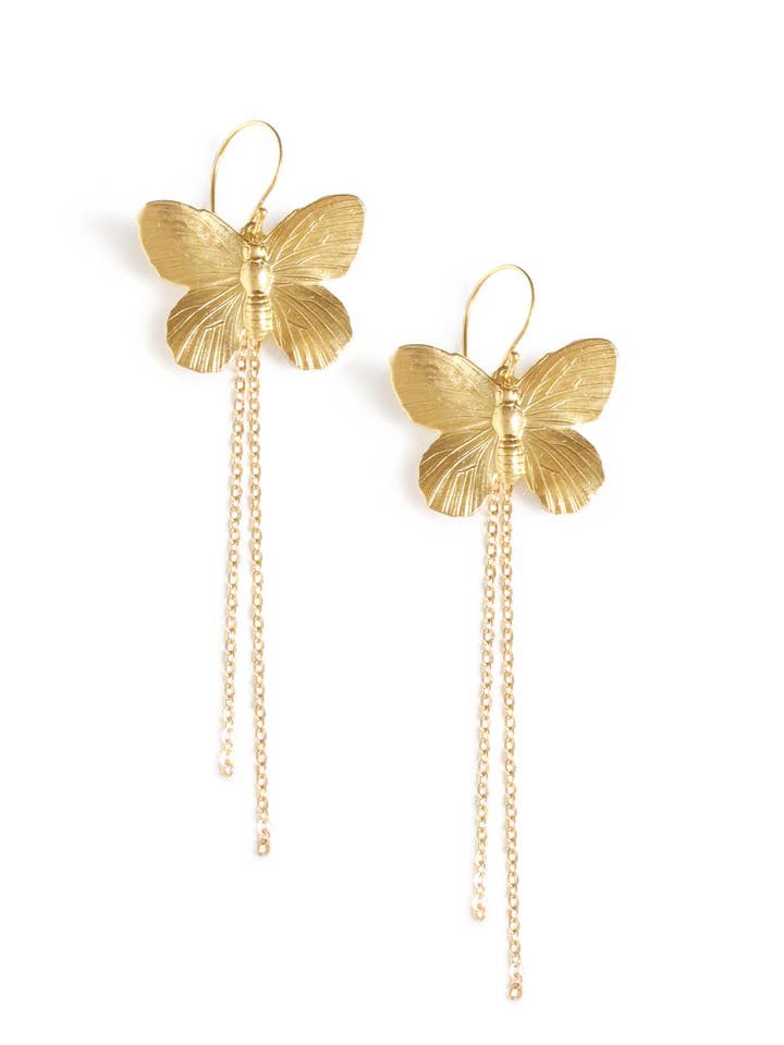 Long-length gold plated butterfly earrings for wholesale by DIGE DESIGNS