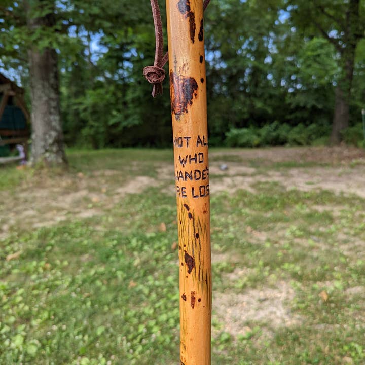Creation Carvings LLC - Wholesale Sporting Accessories - Walking Stick with Compass carving & "Not all who wander are lost" quote, Hiking Stick, Up to 60" Tall strong wood staff for hiking.