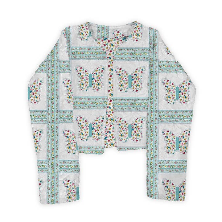 Casaco Acolchoado Cropped Turquesa com Patchwork de Borboletas por atacado de Ida Mae Home