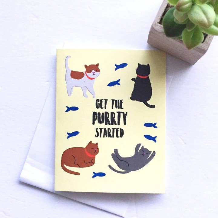 Papermain - Wholesale Birthday Card - Purrty Time Cat Birthday Card - A2 Handmade Birthday Fat Cat Kitten Lovers Party Punny Card with foiled lettering1