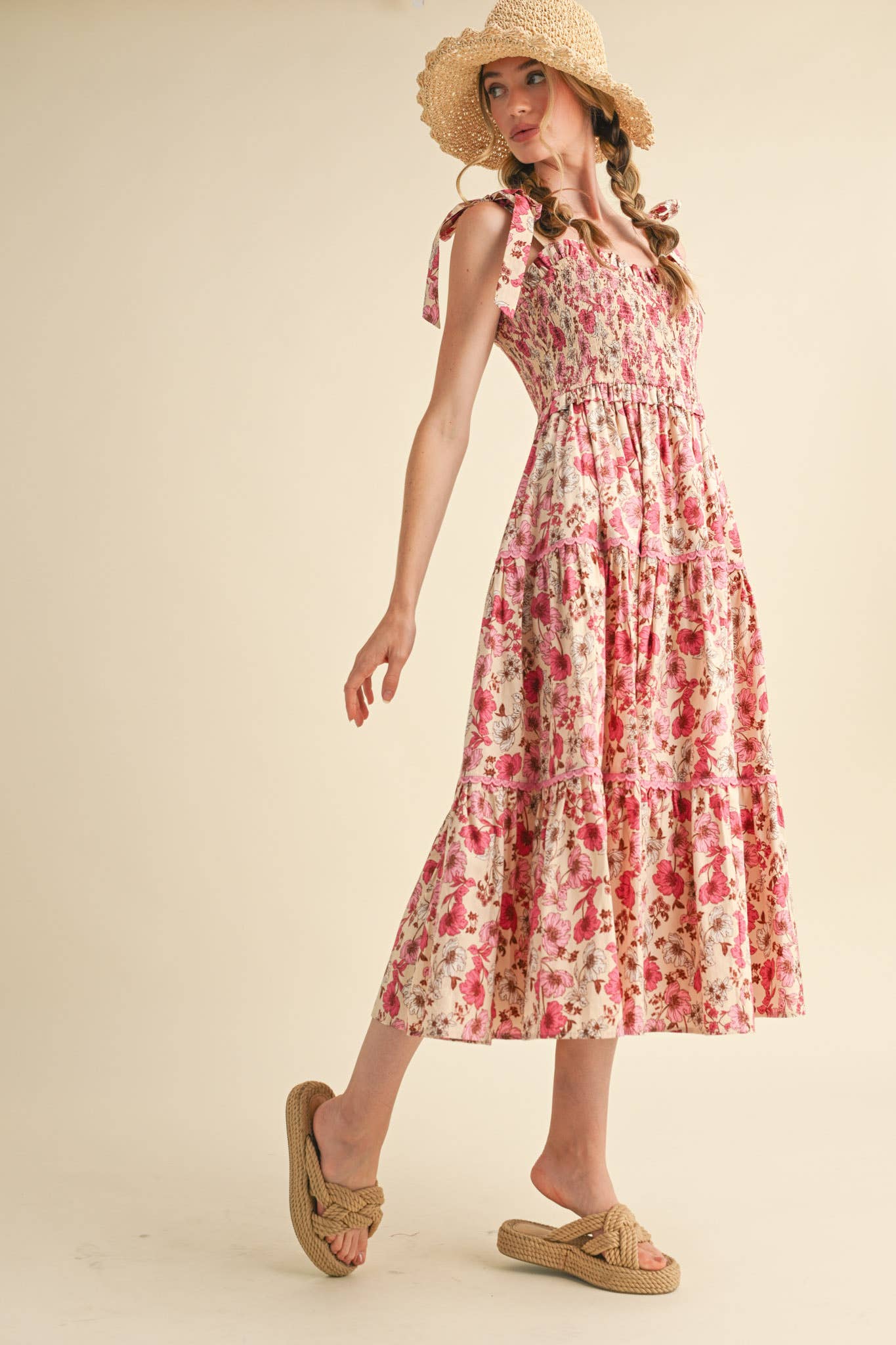 &MERCI - Vente Robe – femme - ROBE MIDI À VOLANTS EN DENTELLE FLORALE MDR385212