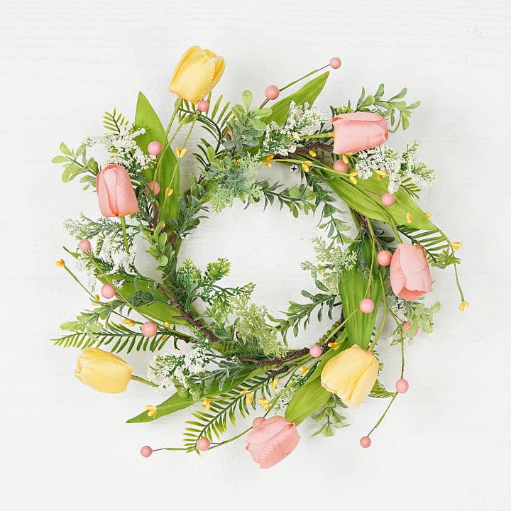 31182- 15in(6.5)Wreath-Peach and Yellow tulips with greenery for wholesale by Impressive Enterprises, Inc.