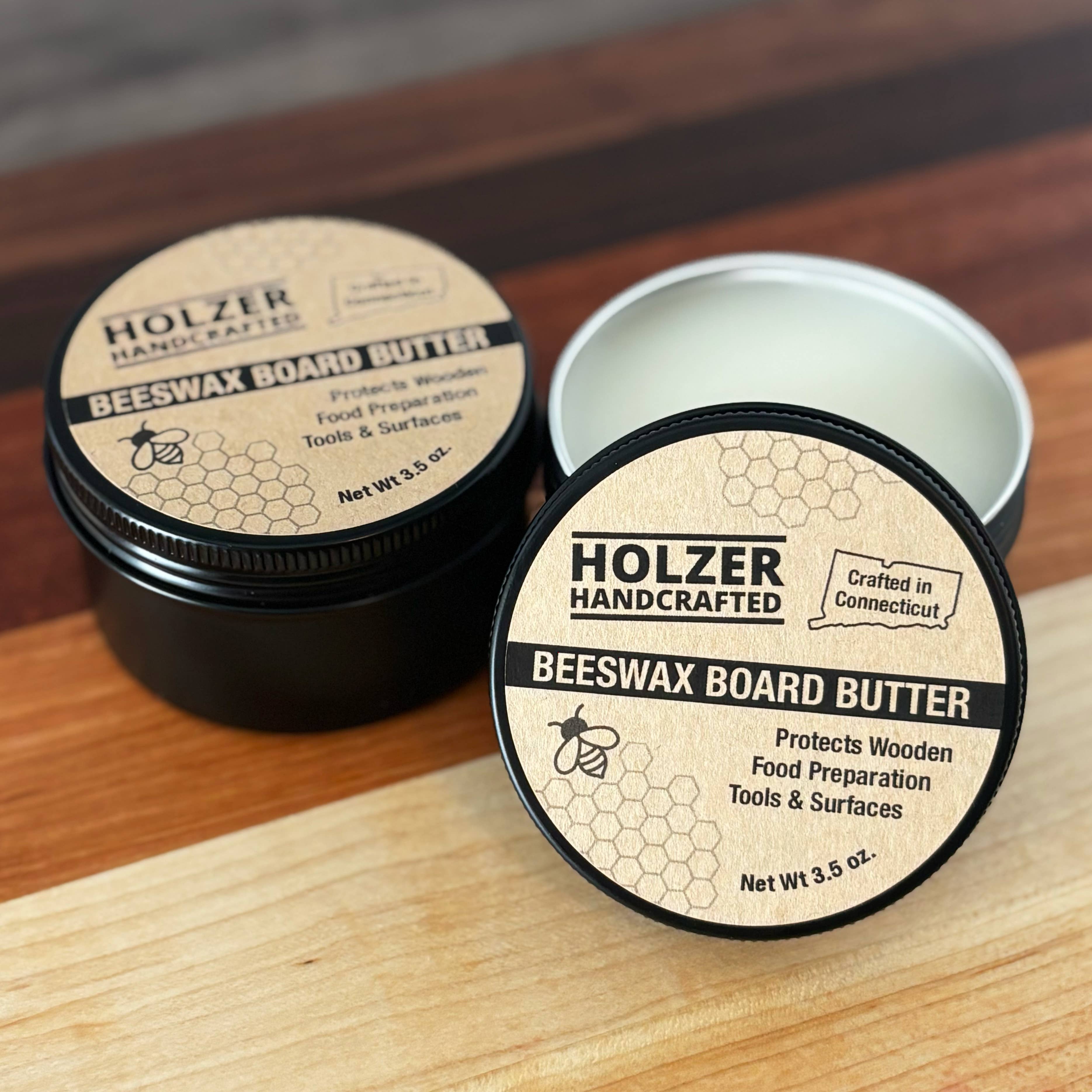 Holzer Handcrafted ® - Wholesale Wood Butter - Beeswax Board Butters for Wood Food Contact Surfaces | 3.5 oz Reusable Tin | Handmade Oil, Wax and Conditioner for Cutting Boards, Butcher Blocks, Wooden Utensils | Holzer Handcrafted 6