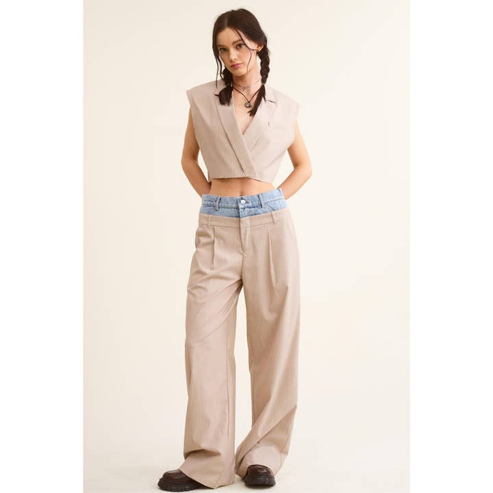 BEIGE Denim Waistband Contrast Stripe Wide Leg Trousers MB5057 for wholesale on Faire18