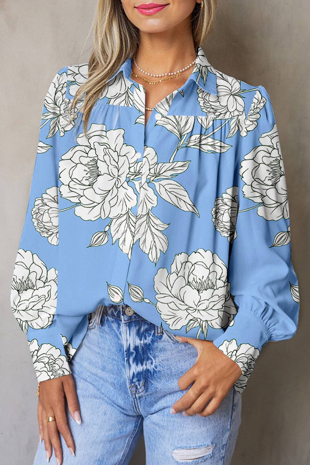Sky Blue Floral Print Button Up Pleated Detail Puff Sleeve Shirt for wholesale on Faire0