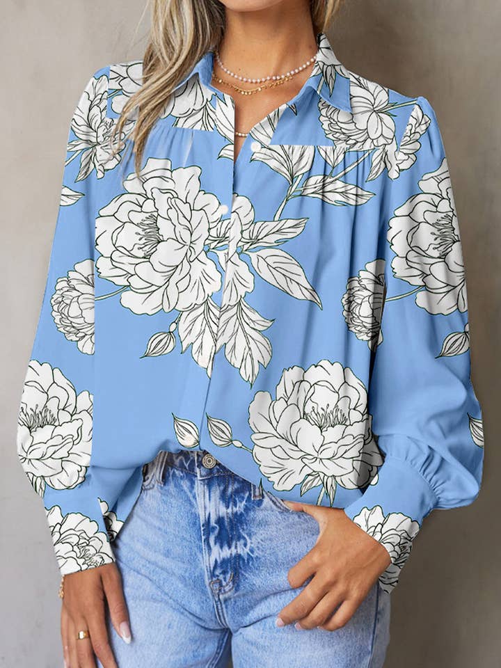Sky Blue Floral Print Button Up Pleated Detail Puff Sleeve Shirt for wholesale on Faire