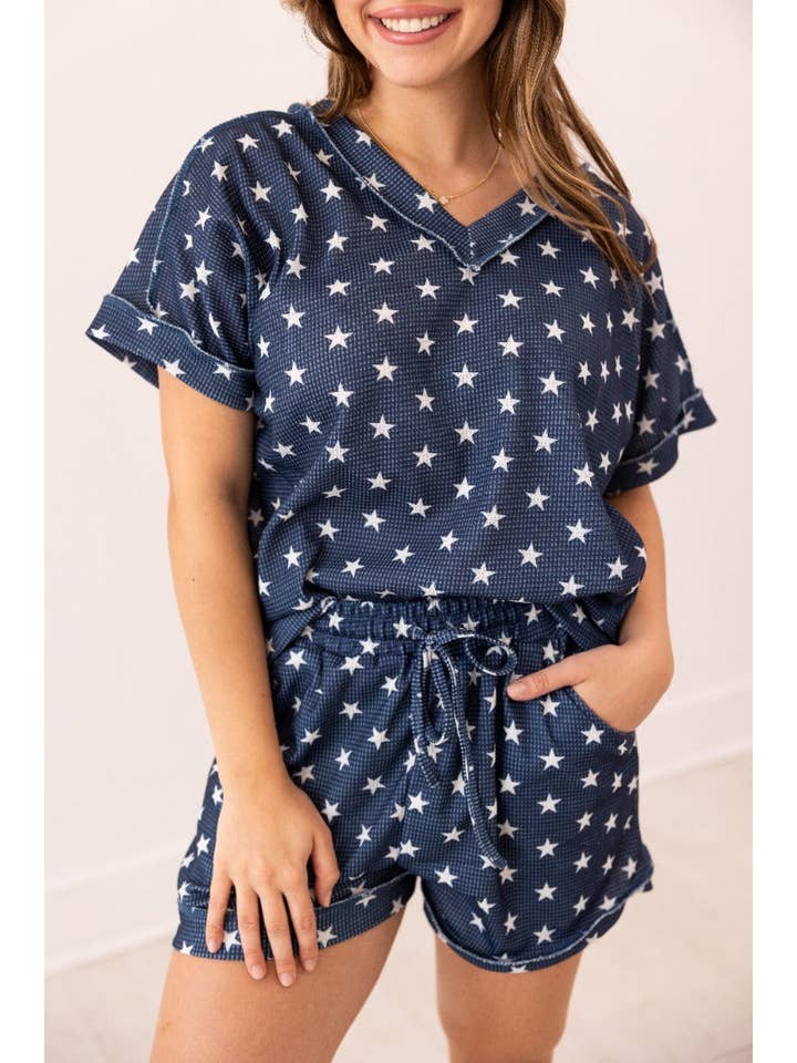 Blue The Lucy Navy Stars Waffle Knit Top for wholesale on Faire