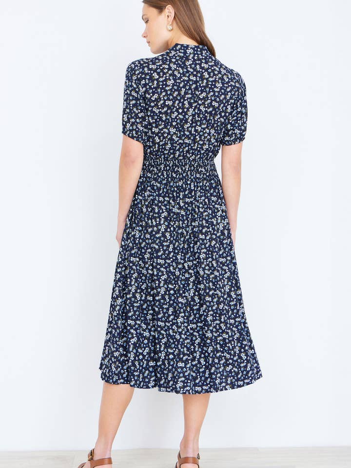 Yumi Navy Ditsy Floral Midi Shirt Dress With Ruched Waist for wholesale by Yumi