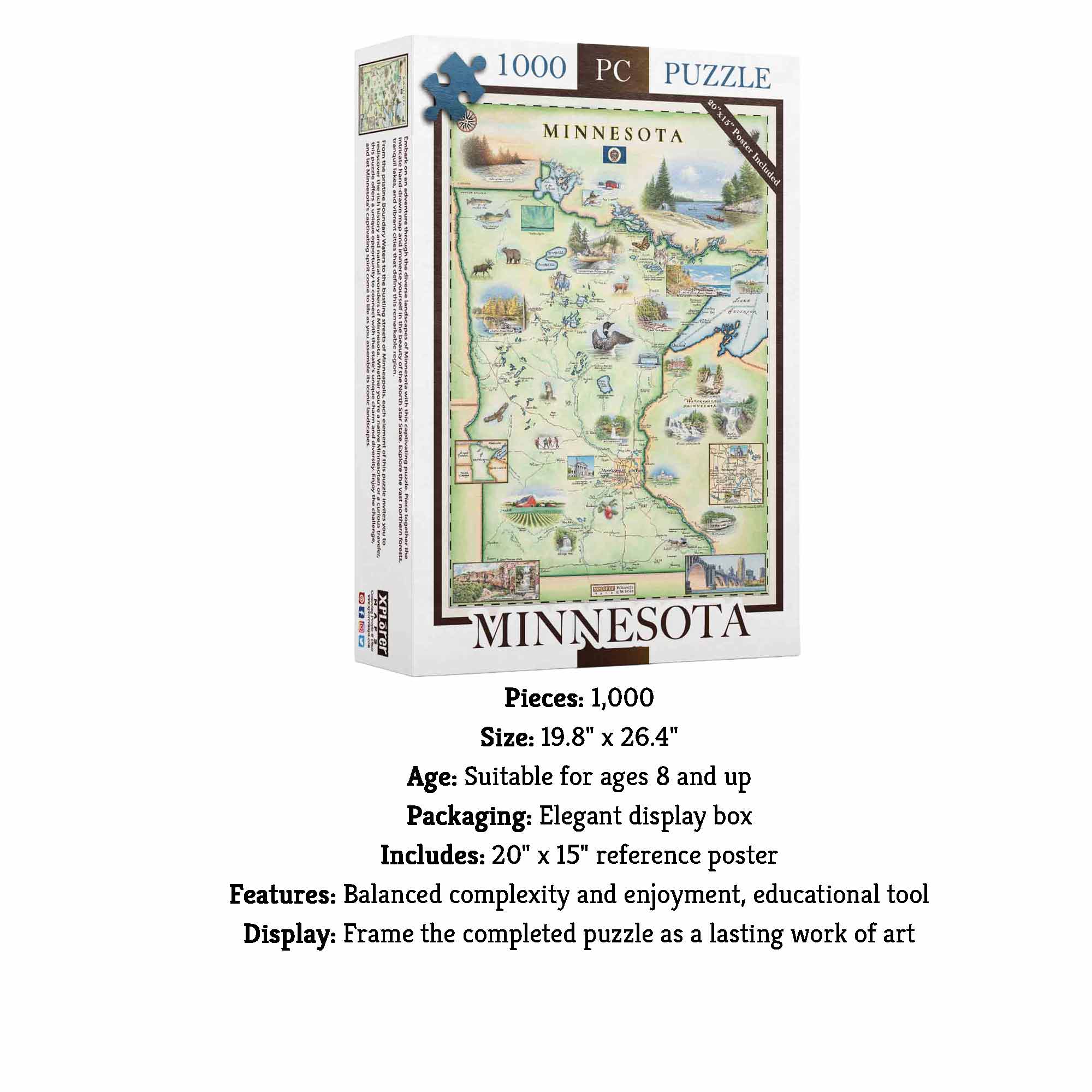 XPLORER MAPS - Vente Puzzle – adulte - Puzzle de 1000 pièces représentant la carte de l'État du Minnesota2