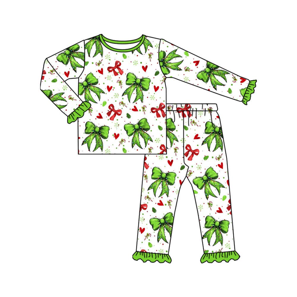 Aier Wholesale - Wholesale Sleepwear Set - Kids - Baby Girls Christmas Green Red Bows Hearts Top Pant Pajamas Sets2