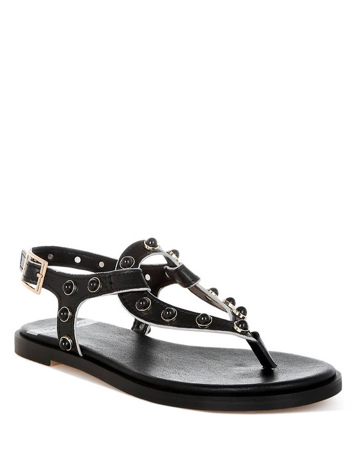 Black Avens Pearl Rivet Studded Flats Sandal for wholesale on Faire0