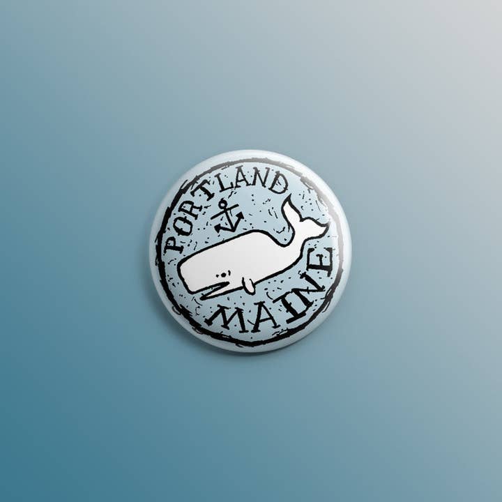 Portland, Maine Whale 1inch Pin for wholesale by Quiet Tide Goods