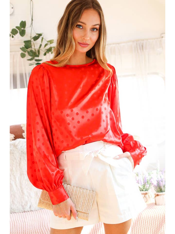 Vine & Love - Wholesale Blouse - Women's - Dot Print Long Puff Sleeve Jacquard Satin Blouse VT70191G-12