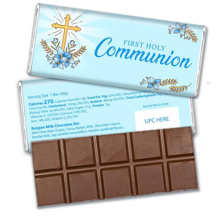 Just Candy - Wholesale Chocolate Bar - Communion Wrapped Milk Chocolate Belgian Bar - Blue Communion